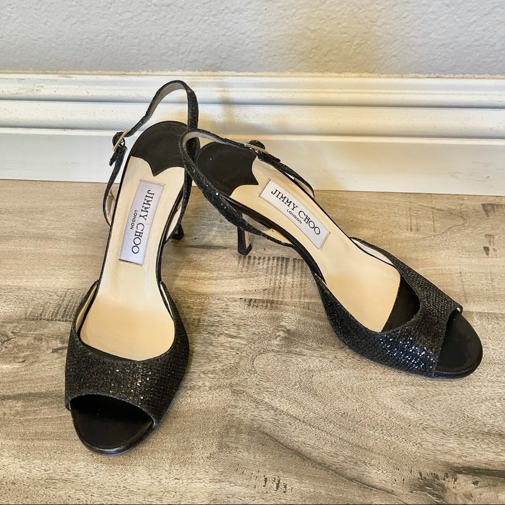 JIMMY CHOO SPARKLE OPEN TOE SLINGBACK HEELS